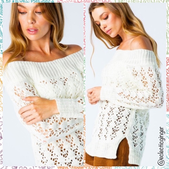 Off white open knit off shoulder long sleeve sweater Size S/M or M/L - Picture 2 of 8